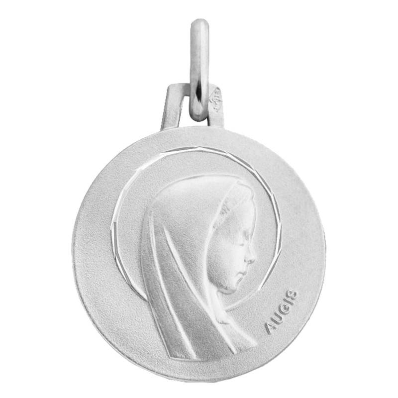 Médaille Vierge Marie Auréolée en Or Blanc 750, Diamètre 16 mm
