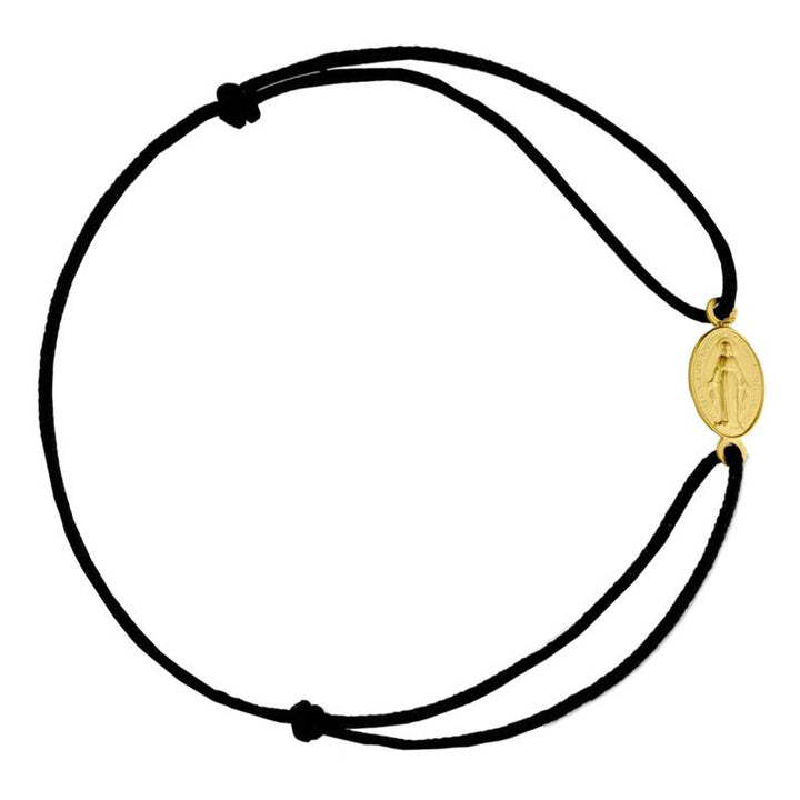 Bracelet Cordon Noir Médaille Vierge Marie Miraculeuse en Or Jaune 750, Longueur Ajustable