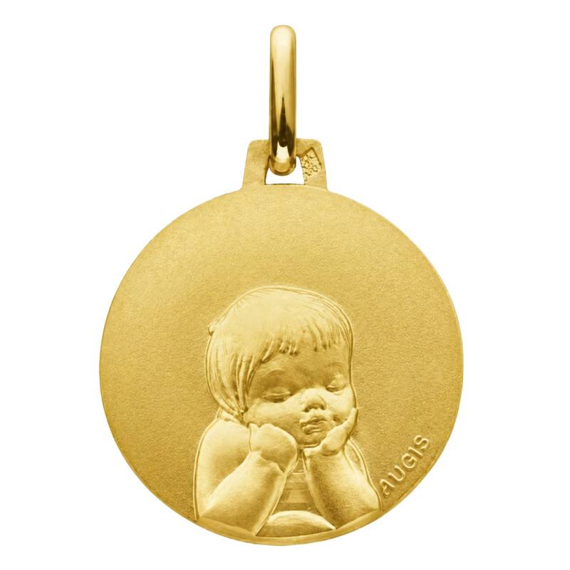 Médaille Ronde Ange en Or Jaune 375, Diamètre 16 mm