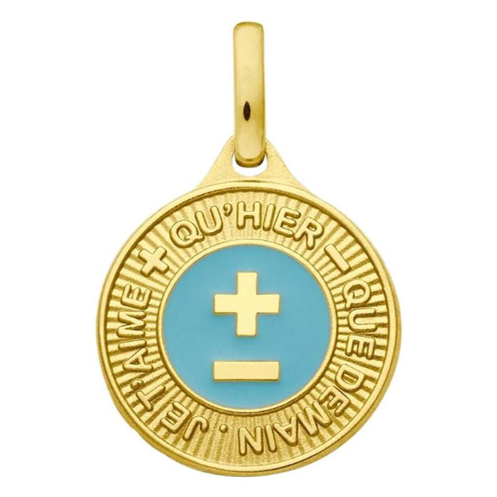 Médaille d'Amour en Or Jaune 750 & Résine Bleue Clair, Diamètre 12 mm
