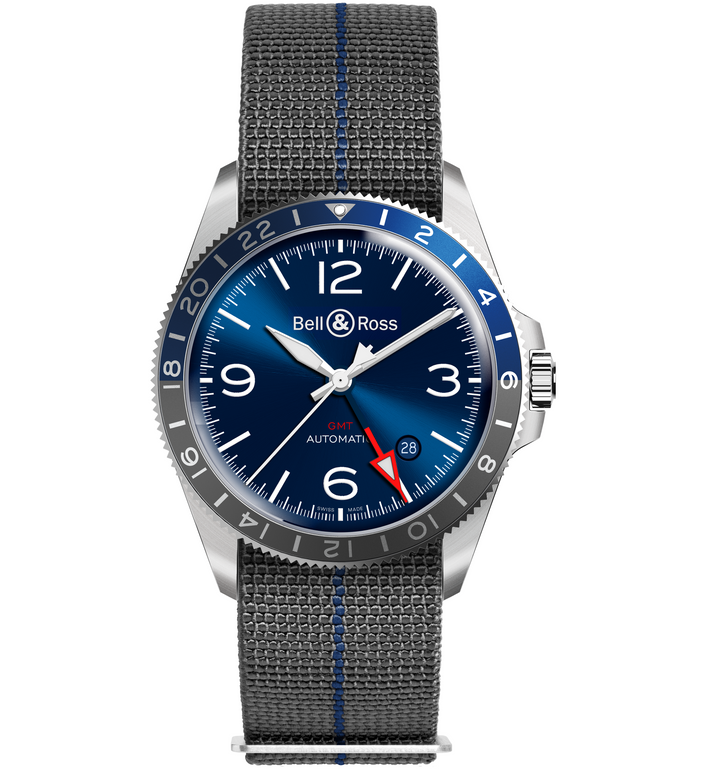 Montre BR V2-93 GMT Blue - Sangle Elastique Gris Et Bleu - Montre - Bell & Ross - Les Champs d'Or