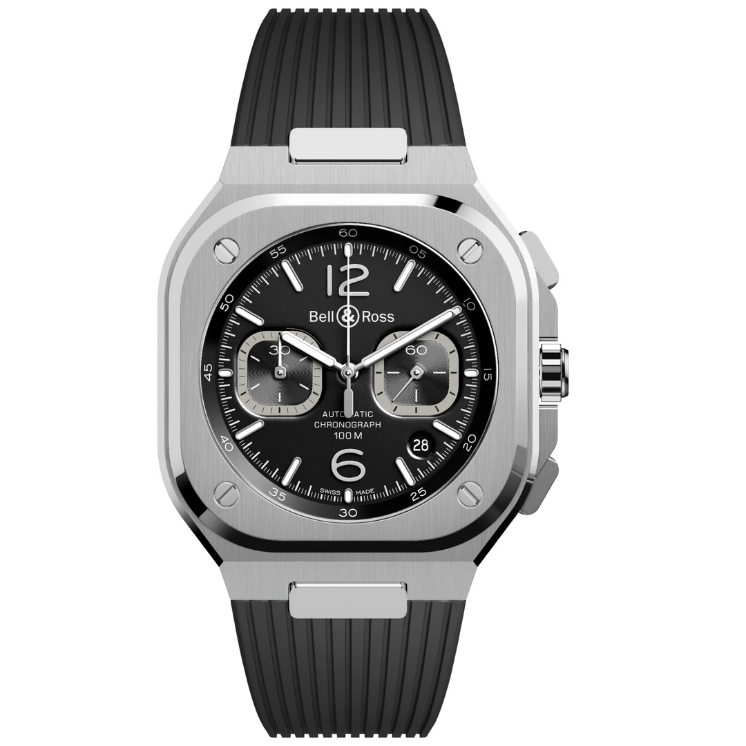 BR 05 Chrono Black Steel Watch - Rubber Strap