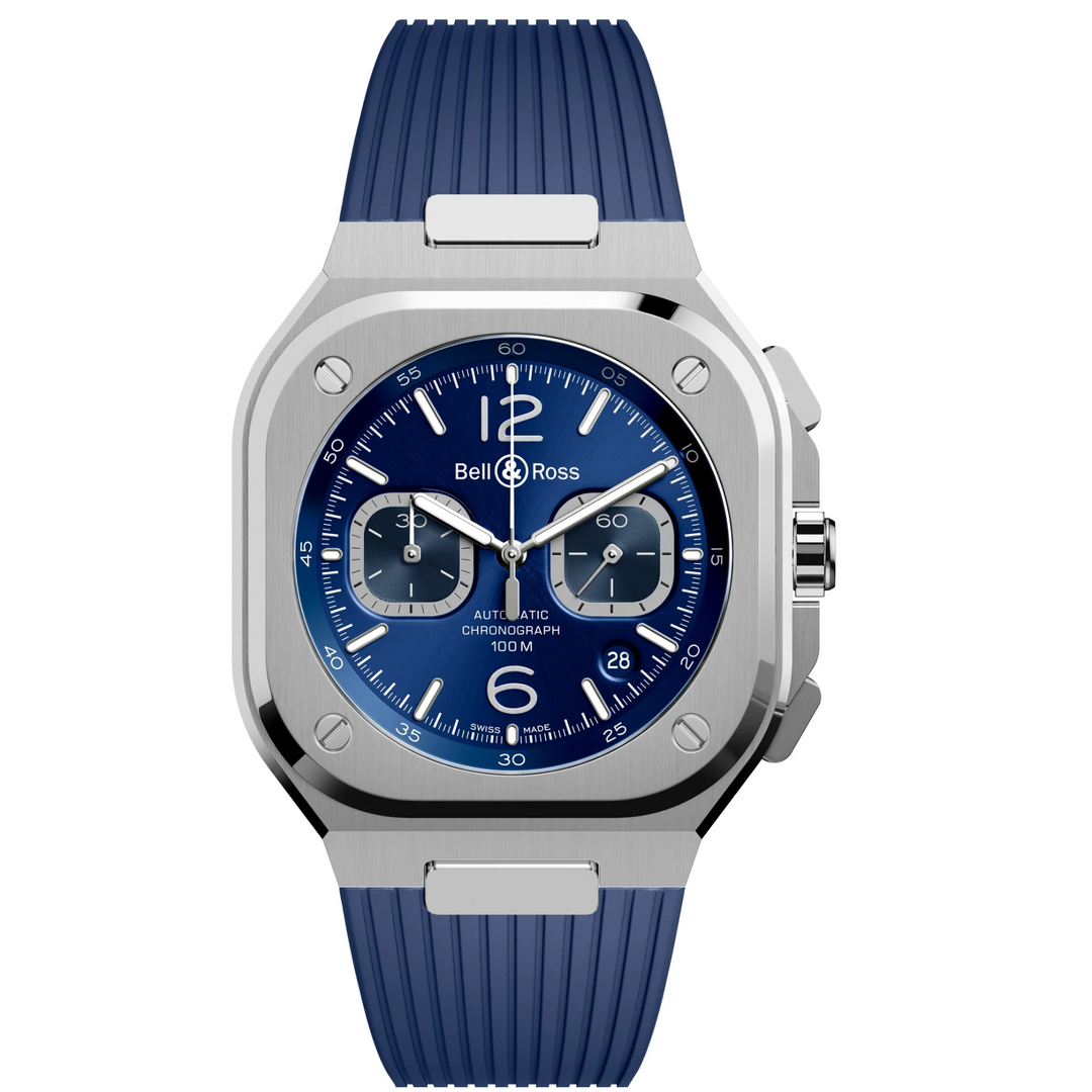 BR 05 Chrono Blue Steel Watch - Blue Rubber Strap
