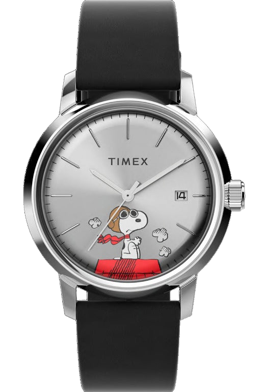 Timex Marlin Automatique x Snoopy Flying Ace 40mm cadran argenté bracelet cuir noir