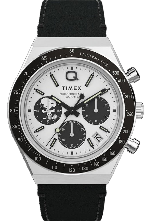 Timex Q Chronograph x Snoopy 40mm cadran argenté bracelet cuir noir
