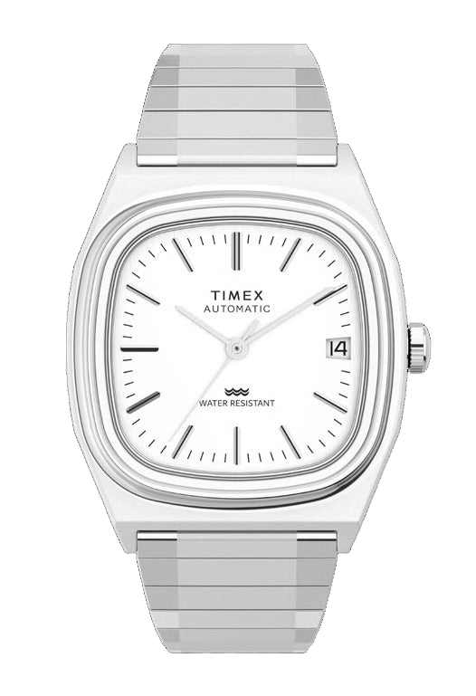 Timex E-Line Automatique 1983 Reissue 34mm cadran blanc bracelet acier