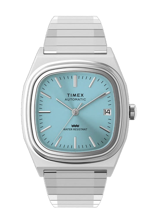 Timex E-Line Automatique 34mm cadran turquoise bracelet acier