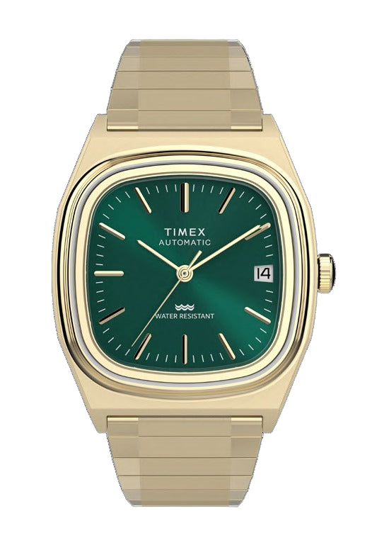 Timex E-Line Automatique 34mm cadran vert boîtier or bracelet acier PVD or