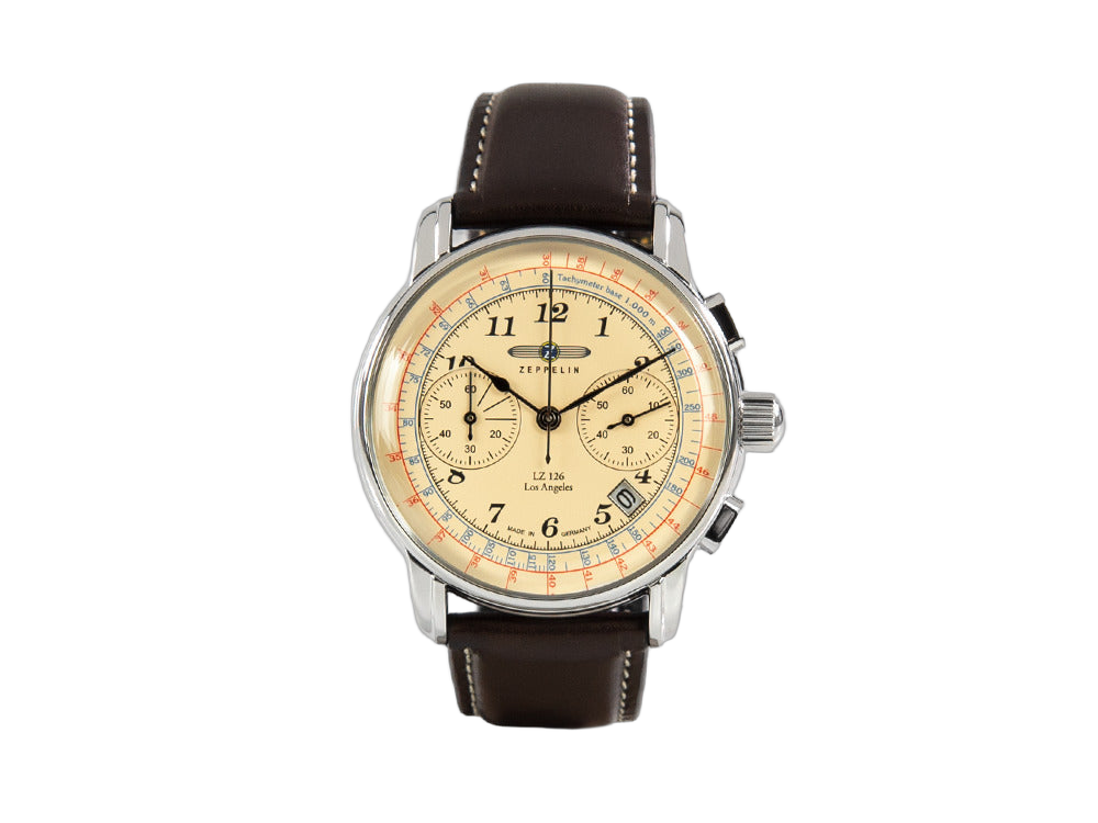 Zeppelin LZ126 Los Angeles Chronographe Tachy 42mm cadran beige bracelet cuir