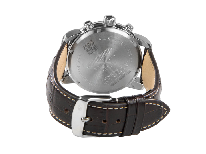 Zeppelin 100 Jahre Chronographe Alarm Tachy 42mm cadran argent bracelet cuir