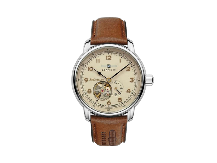Zeppelin Méditerranée Open Heart Automatique 40mm cadran beige bracelet cuir