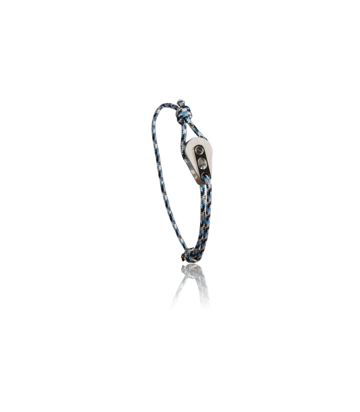 Bracelet Poulie Acier Brossé, Cordon Camo Bleu - Bijoux - Latitude 46 - Les Champs d'Or