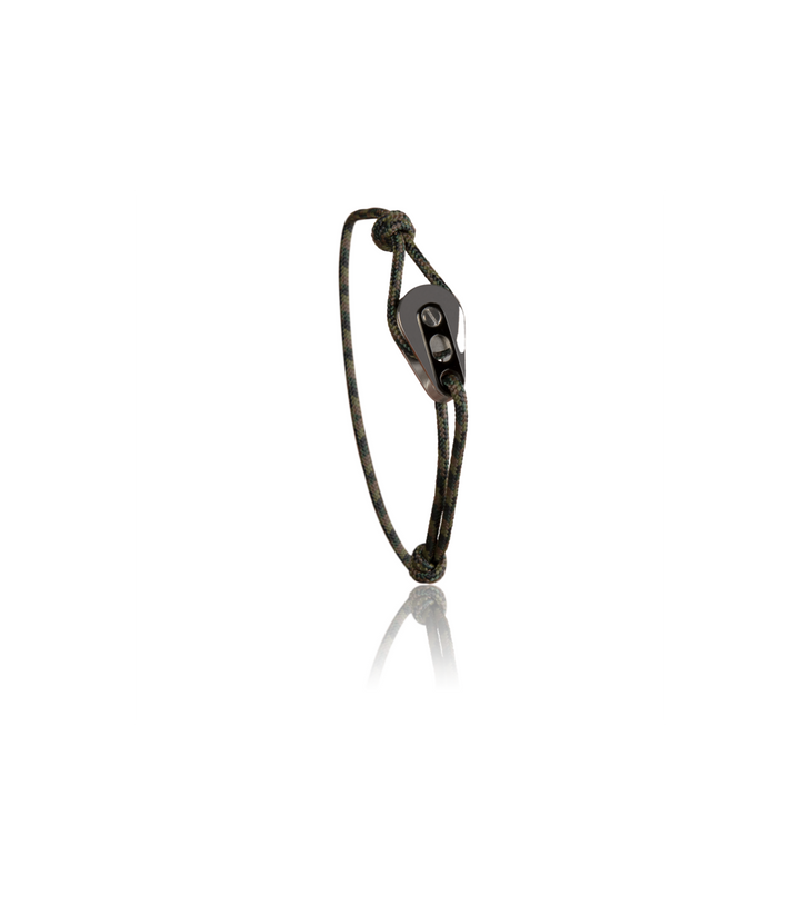 Bracelet Poulie Acier / PVD Noir, Cordon Kaki Foncé - Bijoux - Latitude 46 - Les Champs d'Or
