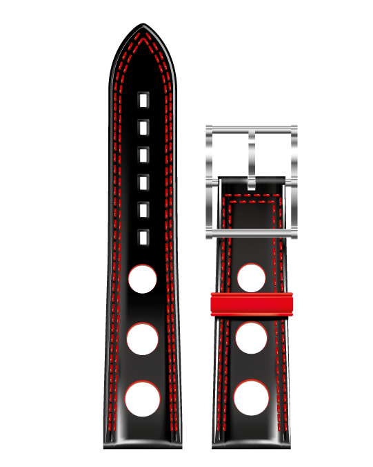Bracelet de Montre Cuir Noir A Trous Double Piqure Rouge 22x19 - Bracelets Montres - B.R.M - Les Champs d'Or