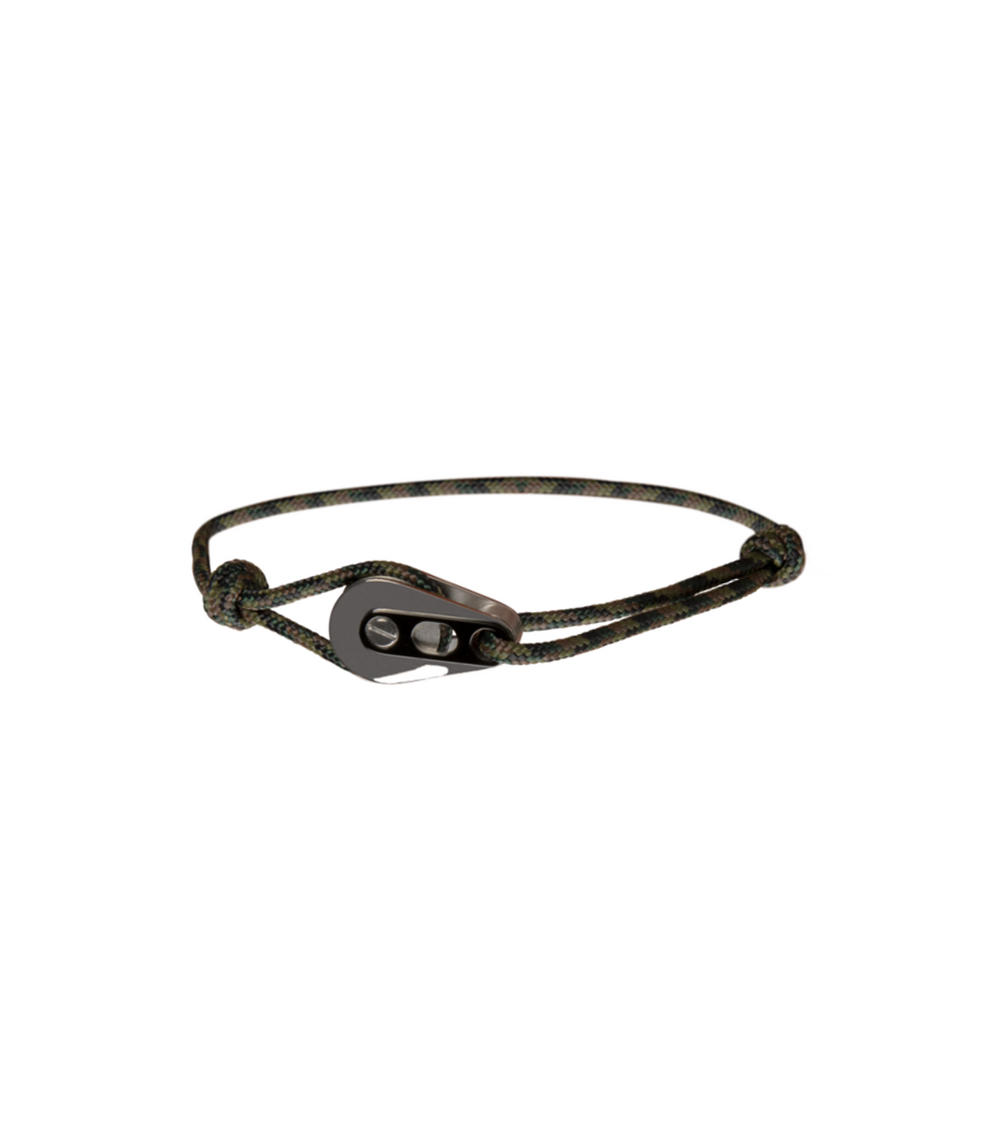 Bracelet Poulie Acier / PVD Noir, Cordon Kaki Foncé - Bijoux - Latitude 46 - Les Champs d'Or