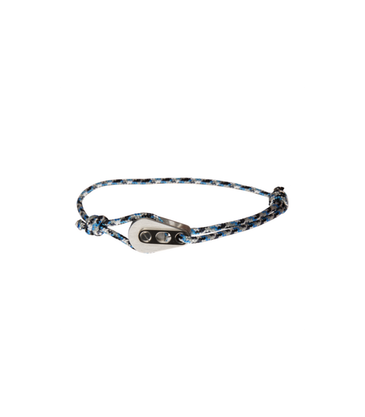 Bracelet Poulie Acier Brossé, Cordon Camo Bleu - Bijoux - Latitude 46 - Les Champs d'Or